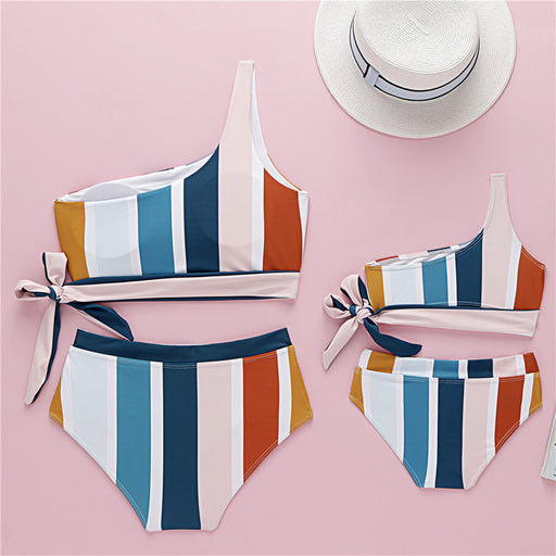 One-shoulder striped parent-child bikini