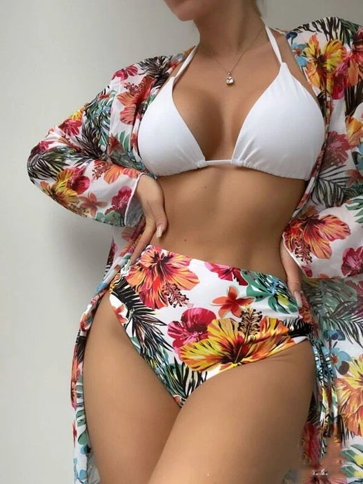 Bikini Three-piece Printed Mesh Blouse