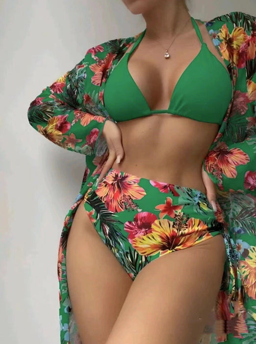 Bikini Three-piece Printed Mesh Blouse